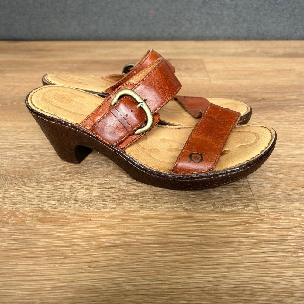 Born Womens Cognac Brown Leather Slide Sandals Buckle Block Heel Mules B82526 9